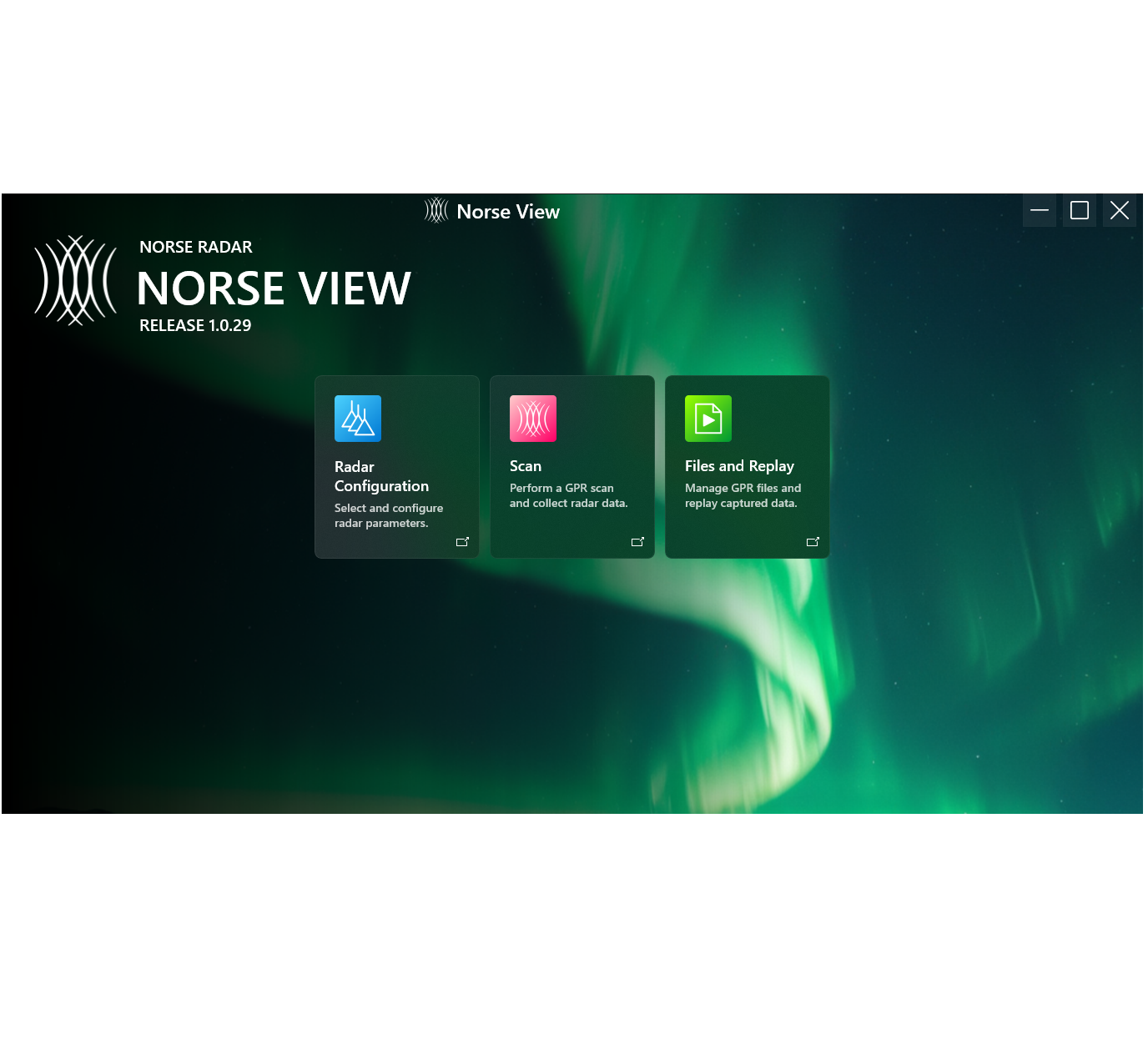 The Norse View acquisition software showing radar configuration, scan and replay tools